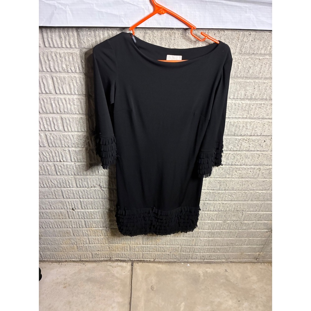 Donna Morgan Black Fringed Dress‎ Boat Neck 3/4 Sleeve Size 2